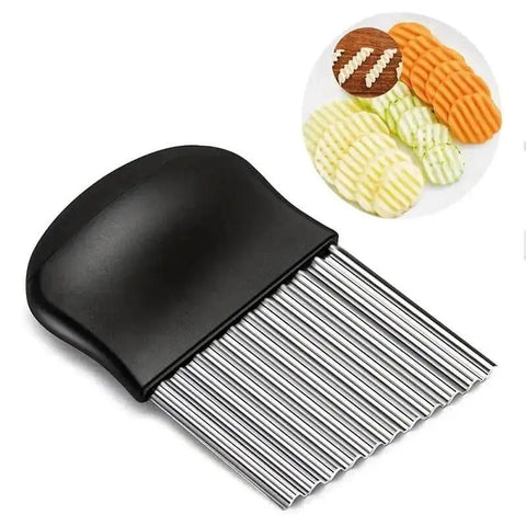 Crinkle Cutter Knife with black handle and stainless steel blades, shown with crinkle-cut vegetables. Upgraded Stainless Steel Crinkle Knife For Safe Kitchen Use.