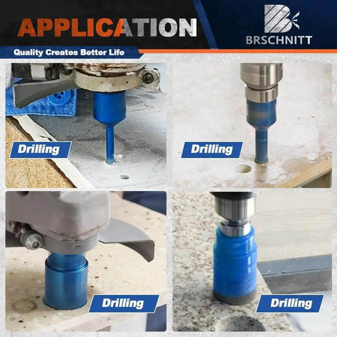 Tile Hole Saw Kit With Diamond Core Bits For Porcelain Ceramic Marble And Granite Tiles Pro Grade Drill Set in drilling process.