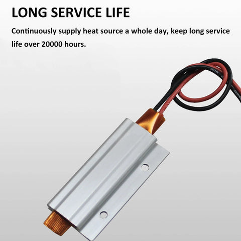 PTC heating element with aluminum shell and copper end, red and black power wires.
