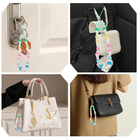 Polymer Clay Mushroom Beads Kit With 400 Mixed Color Beads shown as bag charms on purses and backpack.