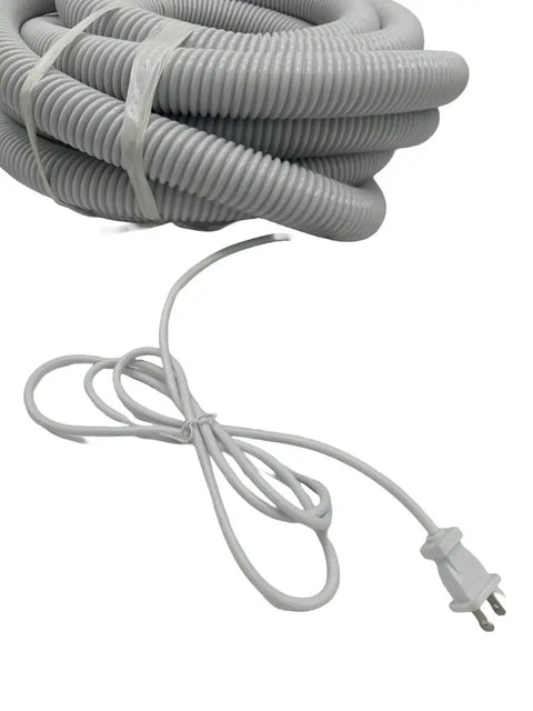 30 Ft Central Vacuum Hose with pigtail and on off switch at the handle crushproof design, high voltage, coiled view with power cord