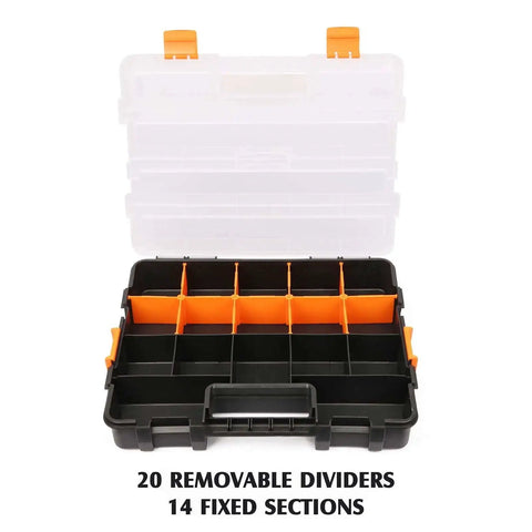 Two Piece 15 Inch Toolbox Organizer Set With 34 Compartments And 20 Removable Dividers, Durable Plastic Case In Black And Orange