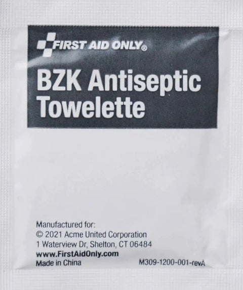 BZK antiseptic towelette from On The Go Emergency First Aid Kit For Home Work And Travel Featuring 13 Pieces Including Antiseptic Wipes Sting Relief Wipes Gauze Pads And Various Bandages In A Lightweight Portable Case By First Aid Only PhysiciansCare