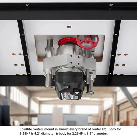 Beefy 3.25HP CNC Router Motor With Soft Start And Variable Speed installed in router lift, 4.2-inch body, ER20 collets visible.
