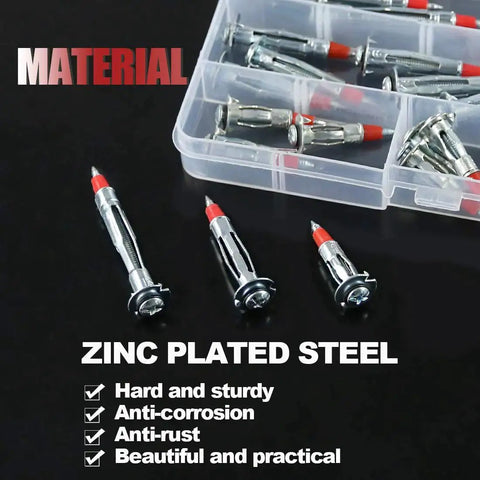 24 Piece Hollow Wall Anchors Kit With 3 Sizes 35mm 46mm 59mm Long Zinc Plated Steel Heavy Duty Molly Bolts on black background