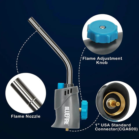 Trigger Start Gas Welding Torch Head for Propane and MAP PRO Fuel, showing 1.5 inch extension nozzle, flame adjustment knob.