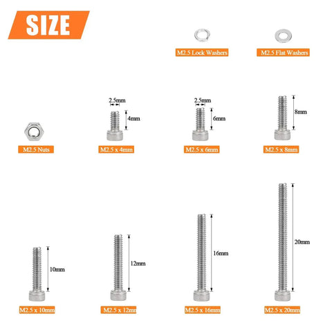 Pro Grade Heavy Duty Hex Socket Head Cap Screws Kit In 304 Stainless Steel, M2.5 Thread, includes bolts, nuts, washers, 7 sizes
