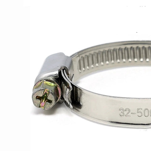 Close-up of a stainless steel hose clamp from 90 Piece Stainless Steel Hose Clamps Set For Automotive Radiators And Pool Hoses, 5/16 To 2-3/8 Inches (8 To 60 Mm) Range, Heavy Duty Welded Worm Gear with deep threads.