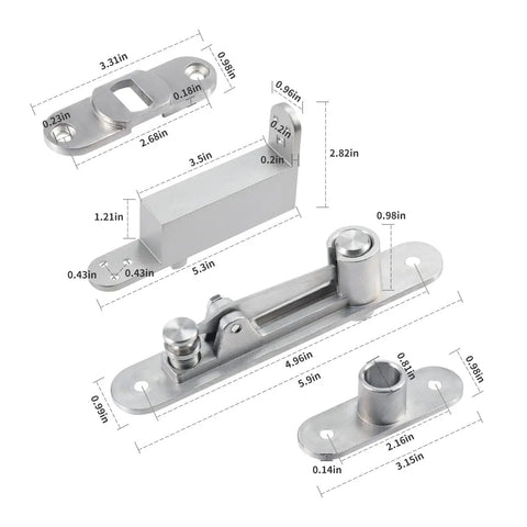 Heavy Duty Self Closing Door Pivot Hinges For Wood Doors With Hidden Pivot System Built To Last 360 Degree Shaft Stainless Steel Durable Hinge For Commercial And Home Use Color Silver, showing dimensions.