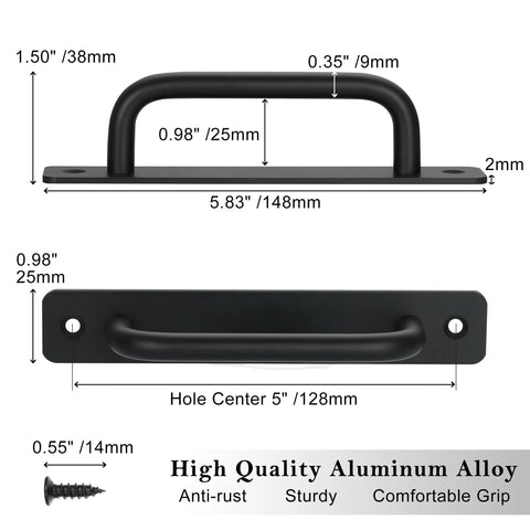 Black Barn Door Handles 4 Pack With 5 Inch Hole Center Aluminum Sliding Door Pulls For Pocket Doors Bifold Closets Hardware Replacement Durable Rust Resistant Grip Friendly Easy Install with dimensions and screw