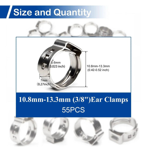 55 Pcs Single Ear Hose Clamps 10.8mm To 13.3mm 304 Stainless Steel Crimp Clamps Ear Clamp Pinch Clamp Stepless Hose Clamp Set
