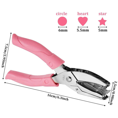 Three Piece Hole Punch Set With Circle Heart And Star Shapes Includes One Quarter Inch And Three Sixteenths Inch Metal Body Soft Grip Handle