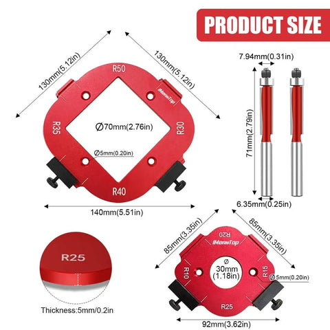 Router Corner Radius Template Kit With Aluminum Alloy Radius Jig, CNC Machined For Woodworking, 8 Radius Sizes From R10 To R50, Includes Two Trim Bits, Works With Router Table