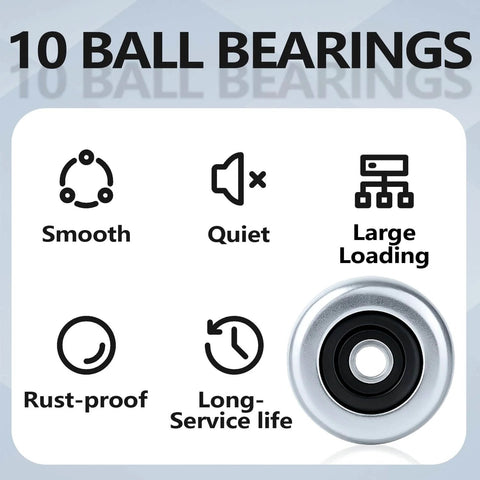 Graphic showing features of 2-Pack 9 Inch Long Stem Steel Garage Door Rollers For 2-Inch Track with quiet 10-ball bearings.