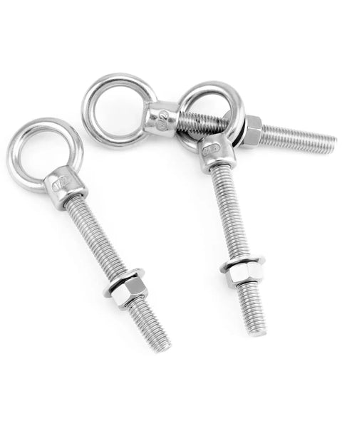 Three 316 Stainless Steel Shoulder Eye Bolt Set Half Inch By Four Inch Marine Grade Eyebolts With Nuts shown against white background