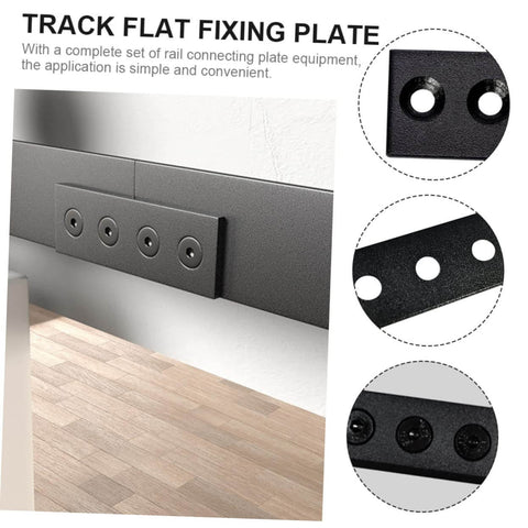Metal Track Mending Plates For Barn Door Repair Carbon Steel Joint Brackets installed on a wooden floor with mounting screws visible