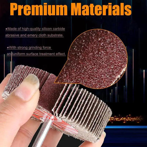 Close-up of All-In-One Flap Wheel Sander Set for Drill and Die Grinder, 20 Pcs, showing abrasive wheel texture and shank.