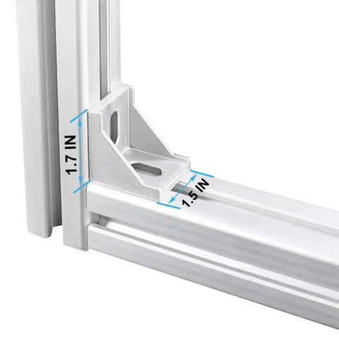 Close-up of 1.5 inch aluminum extrusion corner bracket with T nuts and bolts, 90 degree connector for profile rails, used in 3D printers.