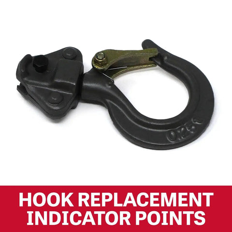 Close-up of hook for Quarter Ton Mini Puller Lever Hoist Ten Foot Lift Low Headroom Overload Hooks with replacement indicator