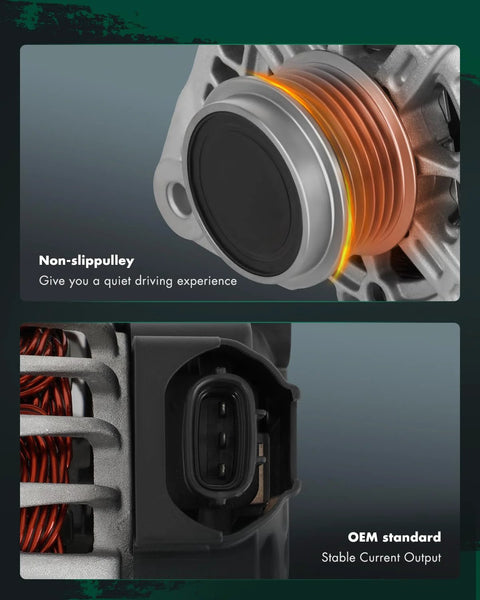 Non-slip pulley and OEM standard features of Beefed Up Alternator Replacement For Hyundai Elantra Family Including Elantra Coupe And Elantra GT And Kia Forte Family Including Forte Koup Forte5 Soul Models 2011 Through 2017 1.8L And 2.0L Engines.