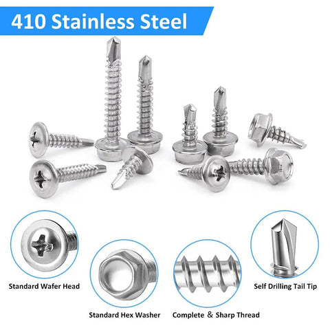 Self Drilling Screws Kit For Metal And Wood, 420 Piece Multi Size Set In 410 Stainless Steel, Includes Size Eight And Size Ten In 12 Common Lengths, Hex Washer Head And Phillips Round Head, TEK And Wafer Head Screws By CGBOOM For Building And Repair.