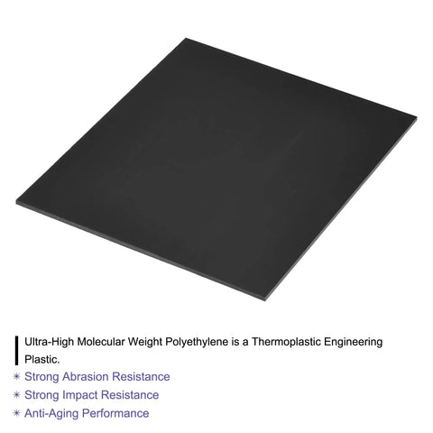 Ultra Tough UHMW Sheet Black For Bearings And Liners 6.1 X 6.1 X 0.12 Inch Self Lubricating Abrasion Resistant High Strength Plastic Board on a flat surface.