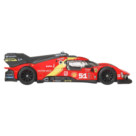 Side view of Premium Car Culture 1:64 Die-Cast Ferrari 499P Collectible With Real Riders Tires, Metal Body And Chassis, AF Corse Livery.