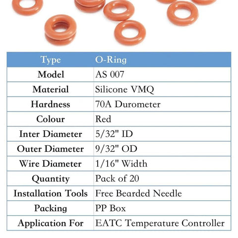 Red silicone O-ring set, AS 007, 70A VMQ, 5/32 in ID, 9/32 in OD, 1/16 in cross-section, pack of 20 for EATC controller