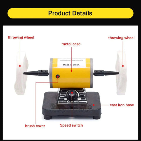 Pro Grade Jewelry Polisher Bench Buffer Grinder Mini Buffing Tool With High Performance Variable Speed, metal case, cast iron base.