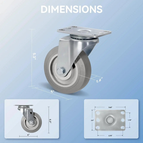 4 Inch Heavy Duty Caster Wheels Set Of 4 With Swivel 1200 Lbs Load Capacity Rubber Quiet Castors dimensions chart