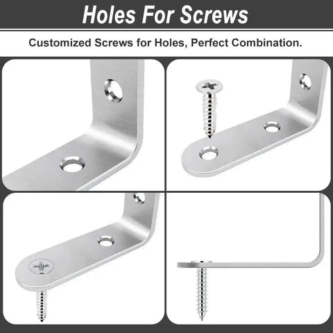 Close-up of 40 Pcs L Bracket Corner Brace Set Stainless Steel 2 Inch 50mm x 50mm Right Angle Shelf Brackets With Screws