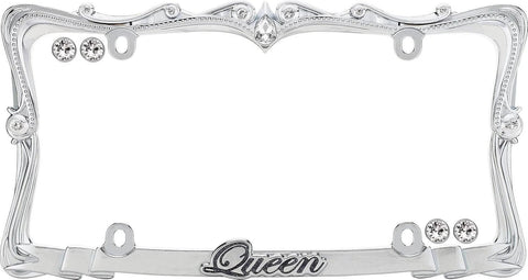 Blinged Out Queen License Plate Frame Chrome And Clear With Nine Glass Crystals Black Glitter Lettering On Bottom Zinc Die Cast