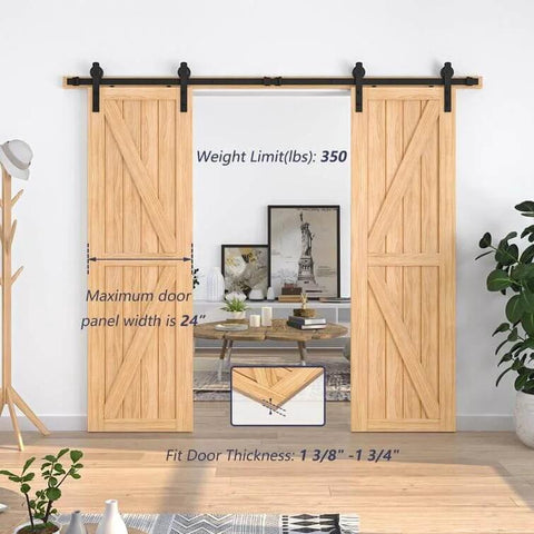 13 Foot Sliding Barn Door Hardware Kit For Double Doors Heavy Duty Track System With Quiet Rollers Installed on Wooden Doors
