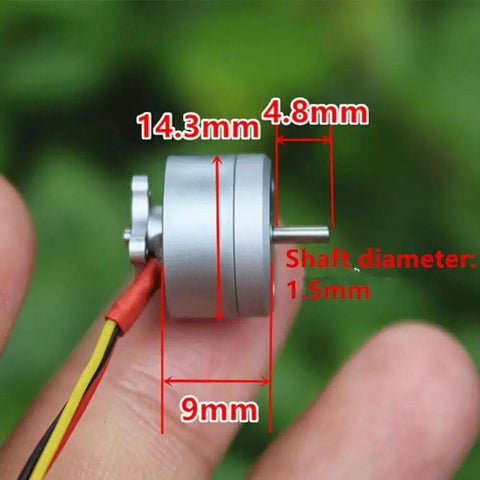 Close-up of 1104 4300KV brushless motor dimensions for 1S to 3S RC drones FPV racing quadcopters micro tiny whoop upgrade.