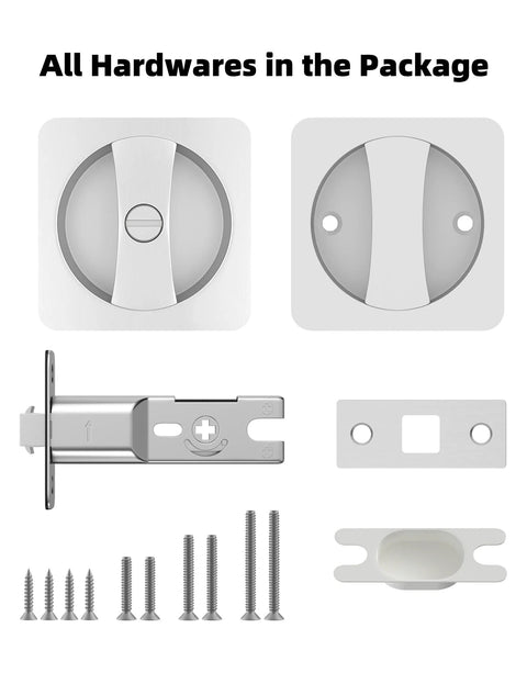 Complete hardware set of Brushed Nickel Pocket Door Lock and Latch, Contemporary Privacy Lock for Bathroom and Bedroom