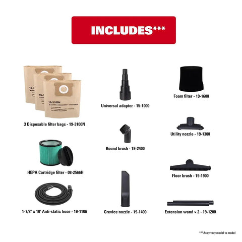 Included accessories for Dual-Mode Wet Dry Vacuum With Auto Tool Activation, 8 Gallon Workhorse, HEPA filter, and anti-static hose