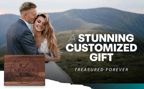 Personalized Wood Cutting Board With Gift Box, Stand, And Oil Included For Weddings, Anniversaries, Birthdays Or Mothers Day, Laser Engraved And Custom Engraved In Cherry, Maple, Or Walnut For Her By Blue Ridge Mountain Gifts displayed against a wedding backdrop.