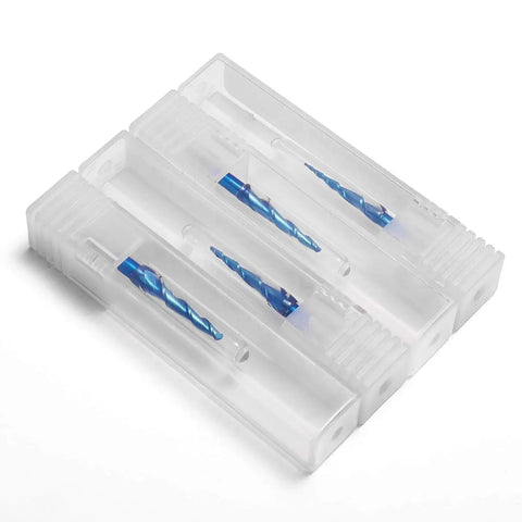 4 Piece Set Of 2 Flute Tapered Ball Nose End Mills Tungsten Carbide Cutter With Nano Blue Coating Radius Range R0.25 To 1.0 One Eighth Inch Shank TB04A in clear packaging