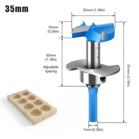 35mm Hinge Hole Opener Drill Bit Tipped For Woodworking Pro Grade Hole Saw with measurements and wood sample