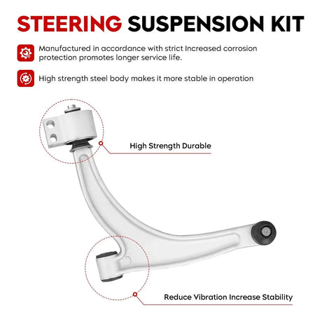 Front lower control arm side view; silver metal with ball joint for GM Malibu, G6 and Saturn Aura suspension kit