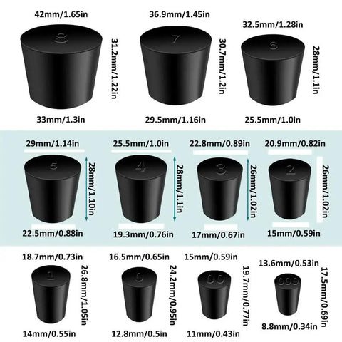 30 Pcs Solid Rubber Stoppers Assorted Sizes 000 To 8 Tapered Lab Bung Stoppers For Chemistry Lab Equipment, size chart view.