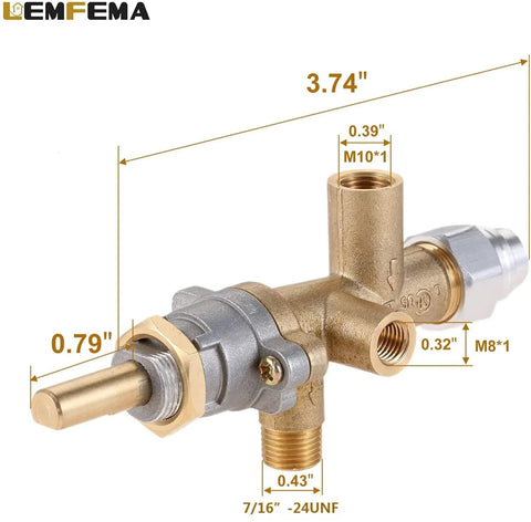Lemfema propane patio heater main control valve front view; brass body with pilot port and threaded fittings