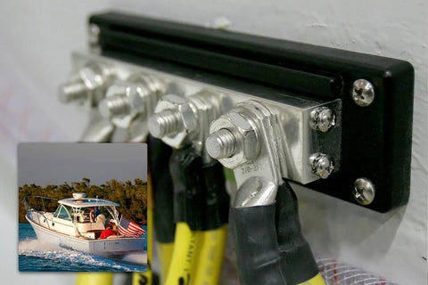 2104 PowerBar BusBar With Four Eighth Inch Terminal Studs, 600 Amp DC Max and 545 Amp Continuous in a marine setup