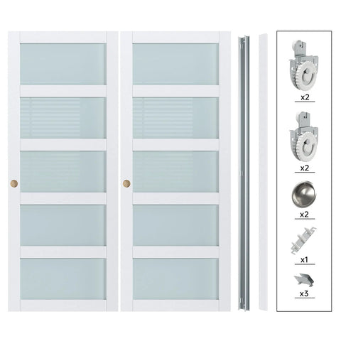 White Frosted Glass Sliding Barn Door Kit For 60 By 80 Inch Openings Dual 31 Inch Panels With Five Lite Glass Bypass Closet Door Hardware Included