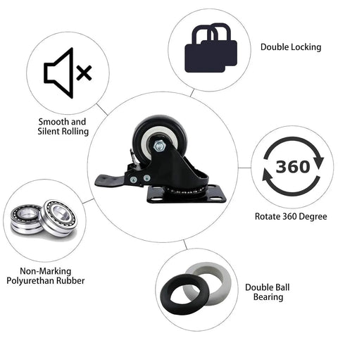 8 Pack 2 Inch Heavy Duty Swivel Plate Caster Wheels With Double Brake And PU Foam No Noise For Furniture Tables Trolleys Workbenches And Garage Use Each Caster Supports Up To 150 Lbs Durable Top Plate With Double Ball Bearing For Smooth Quiet Rolling.