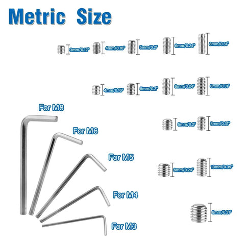 Stainless Steel Set Screws Kit With SAE And Metric Allen Head Socket Hex Grub Screws For Bathroom Fixtures And Door Handles From M3 To M8 And One Eighth To Five Sixteenth Inch Threads, showing metric sizes and hex wrenches.