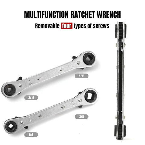 Multifunction ratchet wrench with side view showing four types of removable screws, labeled 1/4, 3/16, 5/16, and 3/8.