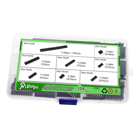 104 Pieces 2.54mm Pin Header Assortment Kit With Male And Female Headers Includes 4 6 8 10 12 16 20 40 Pin Straight Single Row PCB Headers In Clear Storage Box shown in packaging.