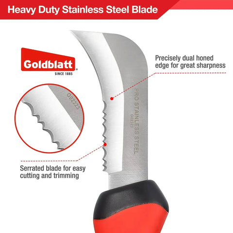 Close-up of Stainless Steel Roofing And Flooring Knife Soft Grip For Carpet And Linoleum with serrated blade and soft grip handle.
