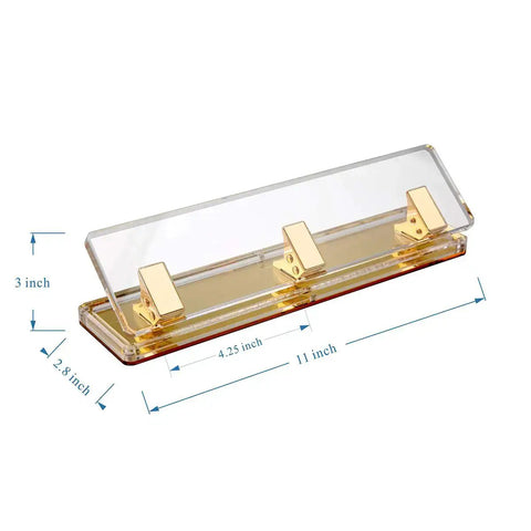Clear Acrylic 3 Hole Punch For 10 Sheets With Four And A Quarter Inch Hole Spacing Gold Accents, side view with dimensions